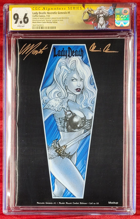 Lady Death: Necrotic Genesis #1 - Monte Moore Casket Edition (Mockup) - Pulido/Moore Signed - CGC Signature Series 9.6 (2641542013) - Sunday Slabs 9/15