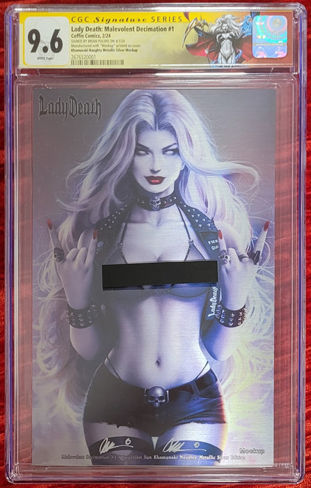 Lady Death: Malevolent Decimation #1 - Swornfest Sun Khamunaki Naughty Metallic Silver Edition (Mockup) - Pulido Signed - CGC Signature Series 9.6 (2676520001) - Sunday Slabs 9/22