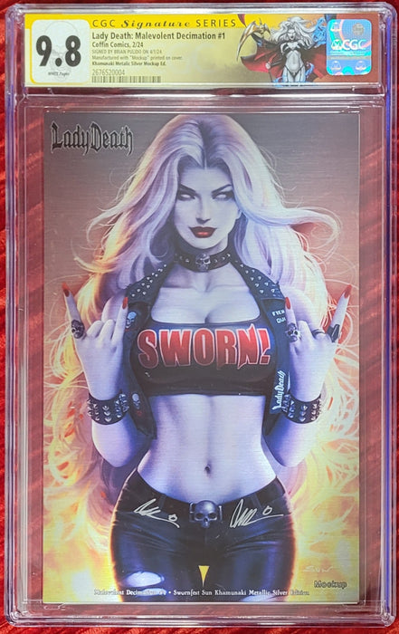 Lady Death: Malevolent Decimation #1 - Swornfest Sun Khamunaki Metallic Silver Edition (Mockup) - Pulido Signed - CGC Signature Series 9.8 (2676520004) - Sunday Slabs 9/8