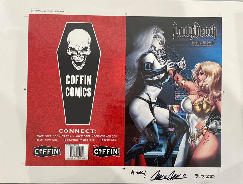 Lady Death: Necrotic Genesis #1 - Black & White Edition - Uncut Cover Sheet - Pulido Signed