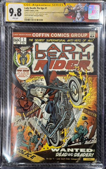 Lady Death: Pin Ups #1 - Lady Death Rider Damaged Edition (LOW #3) - Pulido/Butler Signed w/Remarque - CGC Signature Series 9.8 (2641537024) - Tomb Treasures 12/31