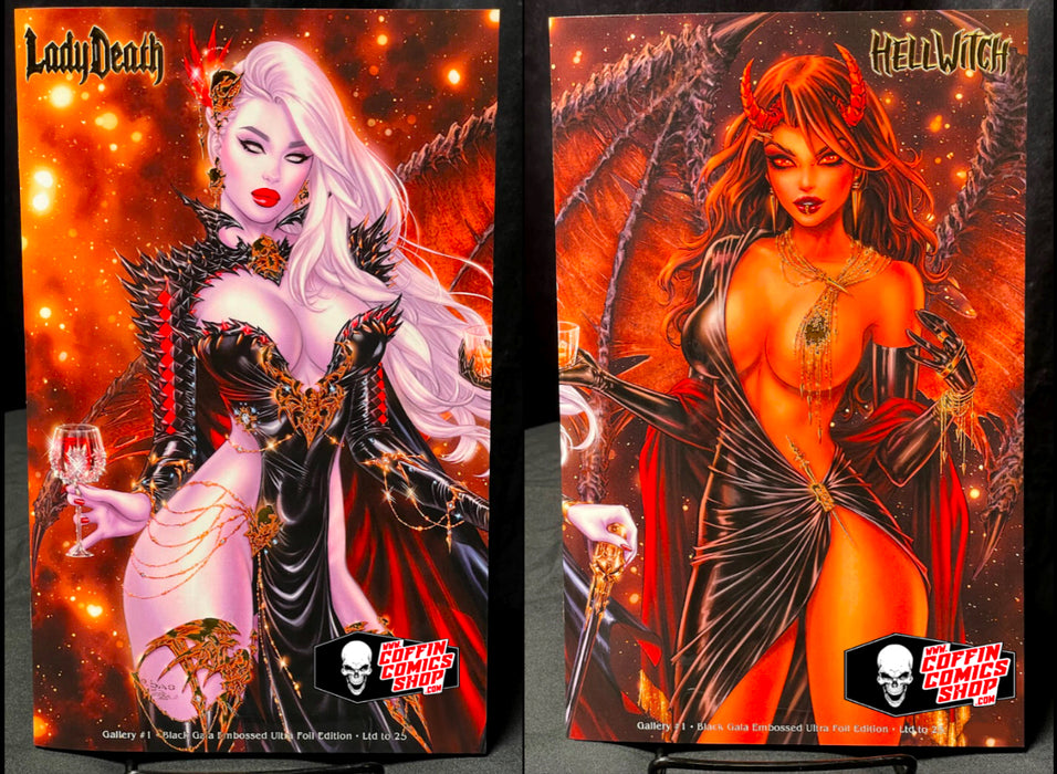 Lady Death / Hellwitch: Gallery #1 - Black Gala Embossed Ultra Foil 2-book Set - e.Bas / Dawn Signed (Catacomb 12/18)