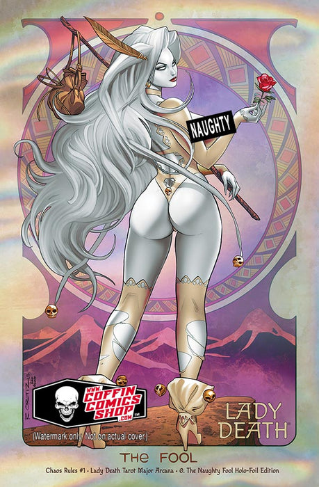 Lady Death: Chaos Rules #1 - Lady Death Tarot Major Arcana - 0. The Naughty Fool Holo-Foil Edition