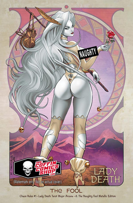 Lady Death: Chaos Rules #1 - Lady Death Tarot Major Arcana - 0. The Naughty Fool Metallic Edition
