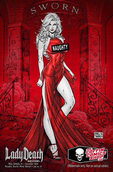 Lady Death: Masters - Mike DeBalfo #1 Swornfest 2026 Naughty Scarlet Metal Edition (Mockup) - Catacomb 7/2