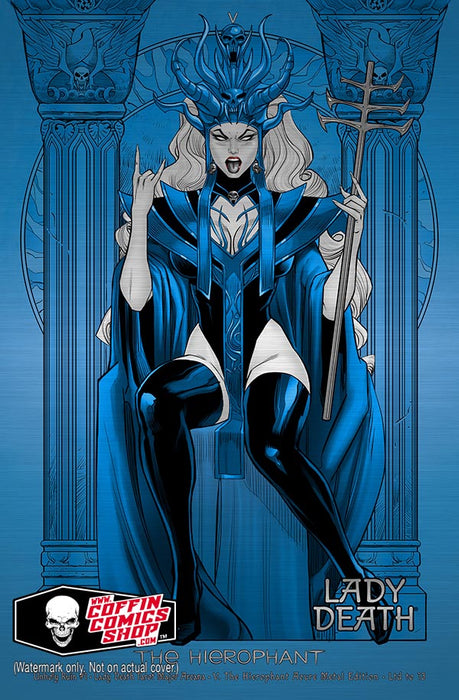 Lady Death: Unholy Ruin #1 - Lady Death Tarot Major Arcana - V. The Hierophant Azure Metal Edition